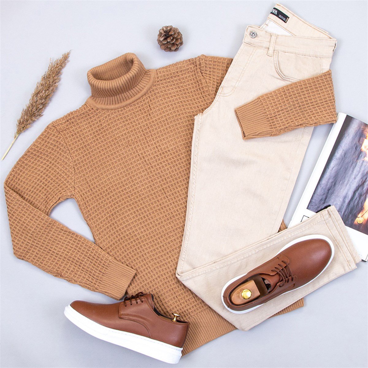 Yavru Ağzı Boğazlı Triko Kazak Pantolon Ayakkabı Kombin