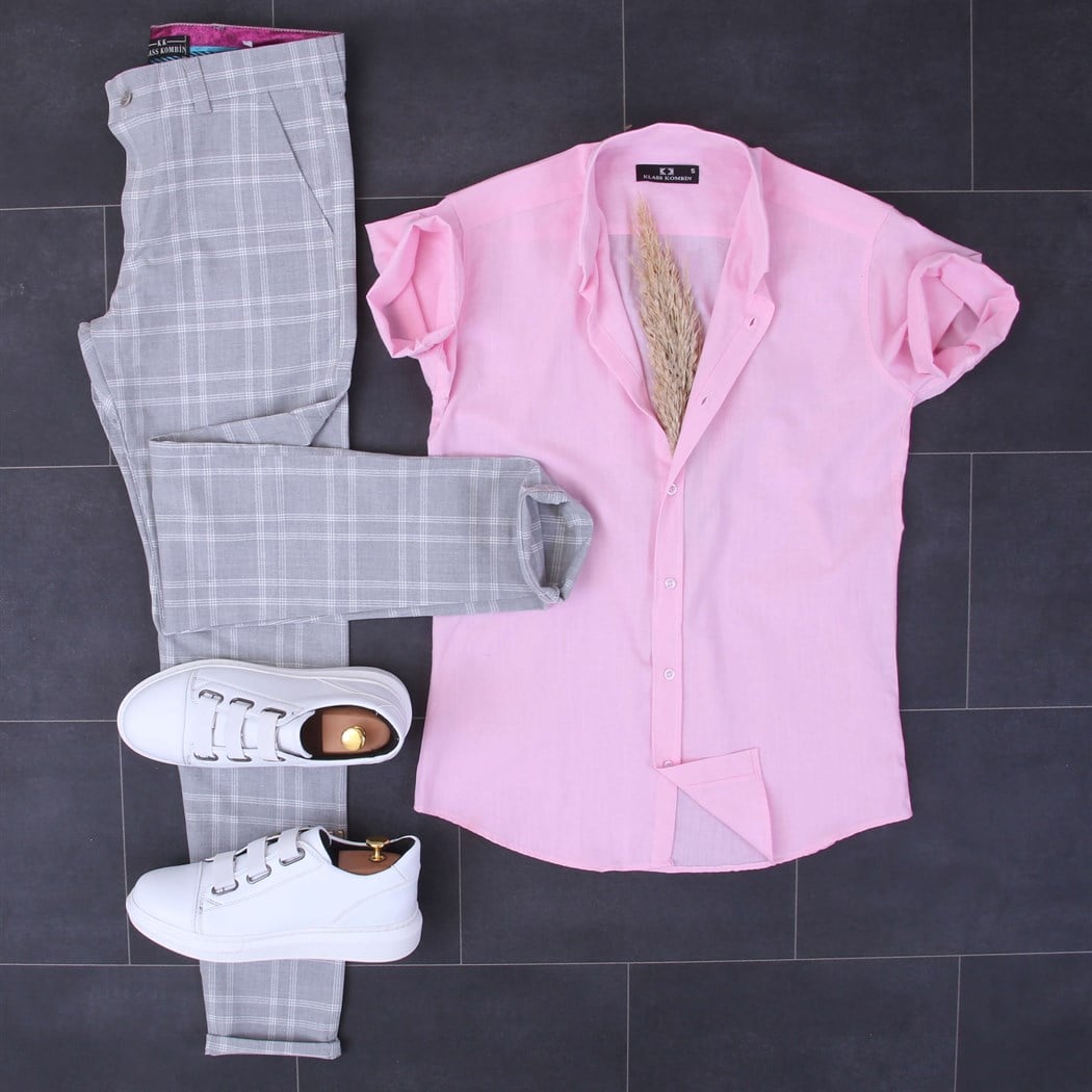 Yeni Sezon Pembe Gömlek Kumaş Pantolon Beyaz Spor Ayakkabı Kombini