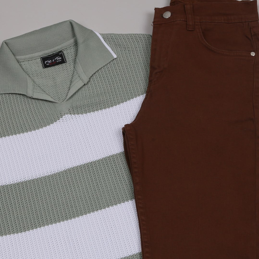 yeşil çizgili Triko Polo Yaka Tişört kahve  kot  pantolon  ayakkabı Kombin