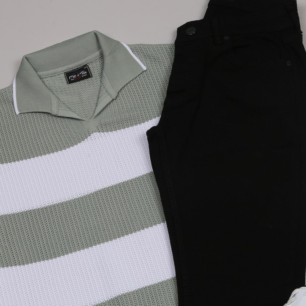 yeşil çizgili Triko Polo Yaka Tişört siyah kot  pantolon  ayakkabı Kombin