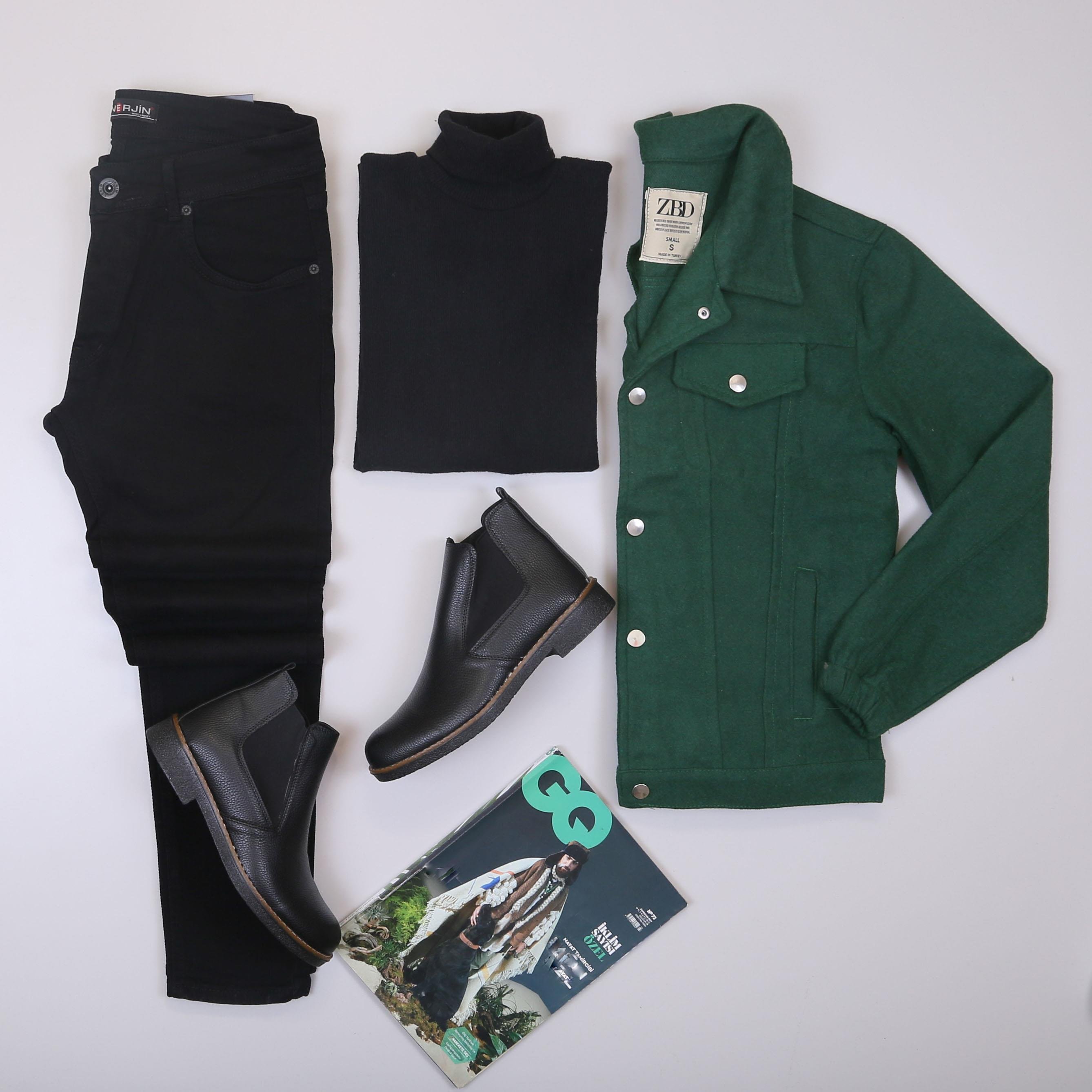 Yeşil Kaşe Ceket Boğazlı Body Pantolon Bot Kombin