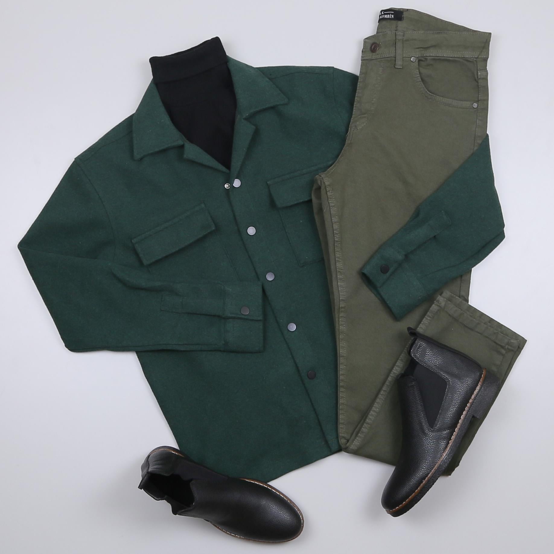 Yeşil Kaşe Gömlek Boğazlı Body Pantolon Bot Kombin