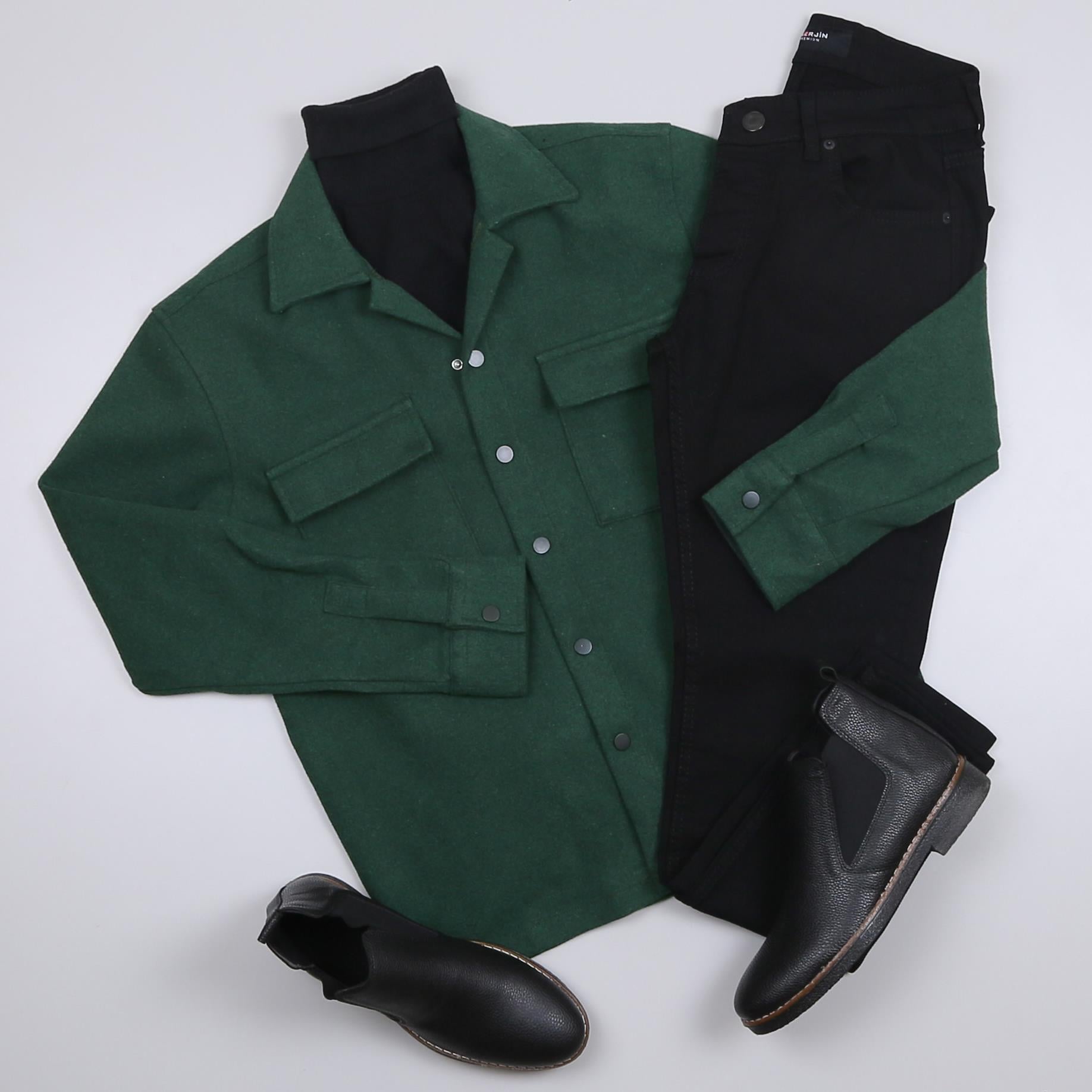 Yeşil Kaşe Gömlek Boğazlı Body Pantolon Bot Kombin