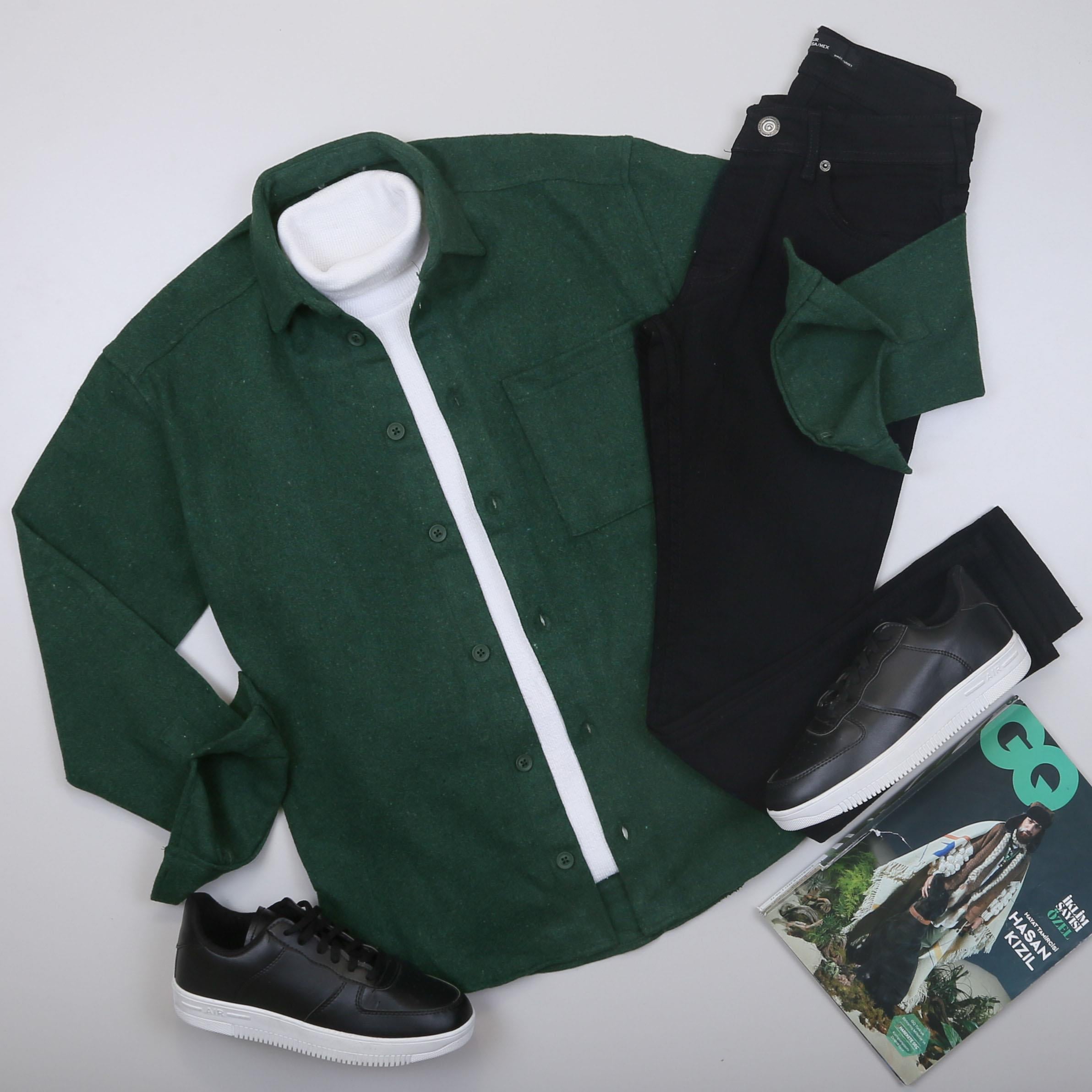 Yeşil Kaşe Gömlek Boğazlı Body Pantolon Bot Kombin