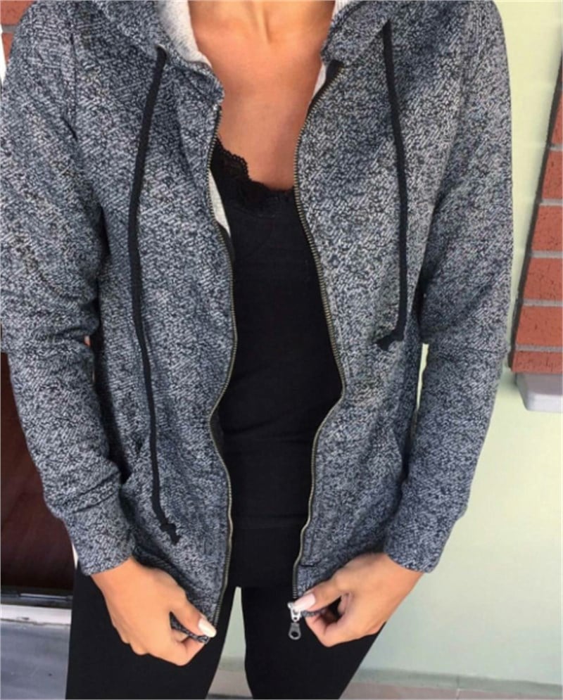 Kırçıllı Gri Kapşonlu Fermuarlı Sweatshirt