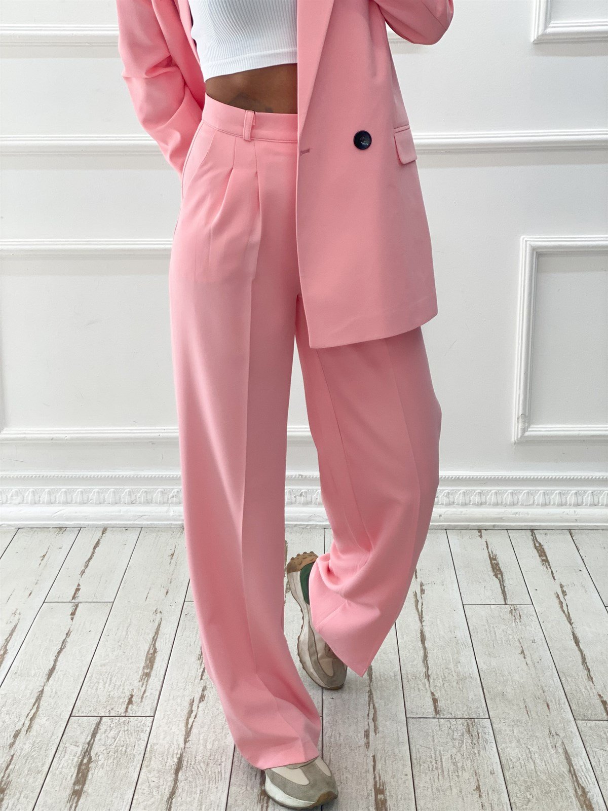 Açık Pembe Blazer Ceket Palazzo Pantolon TakımTAKIMLAR