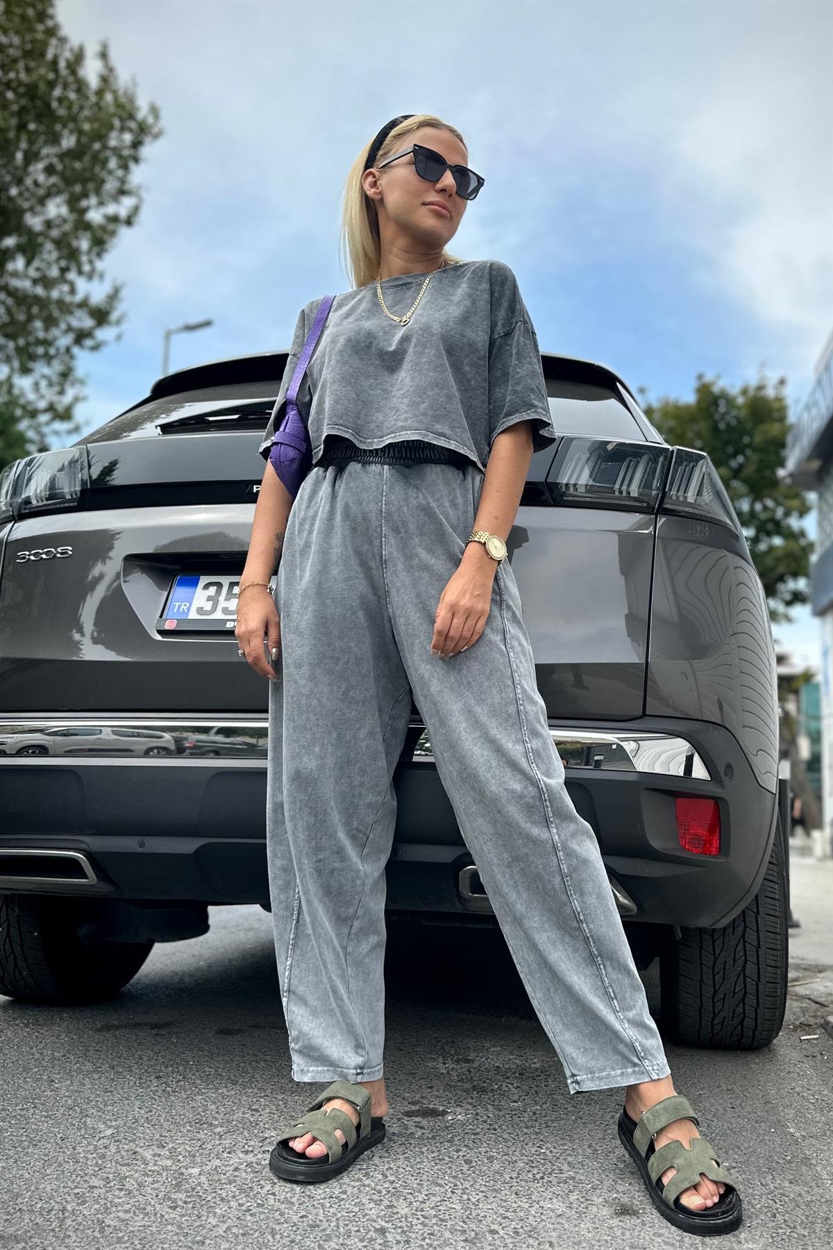 Antrasit Eskitmeli Şalvar Tshirt TakımTAKIMLAR