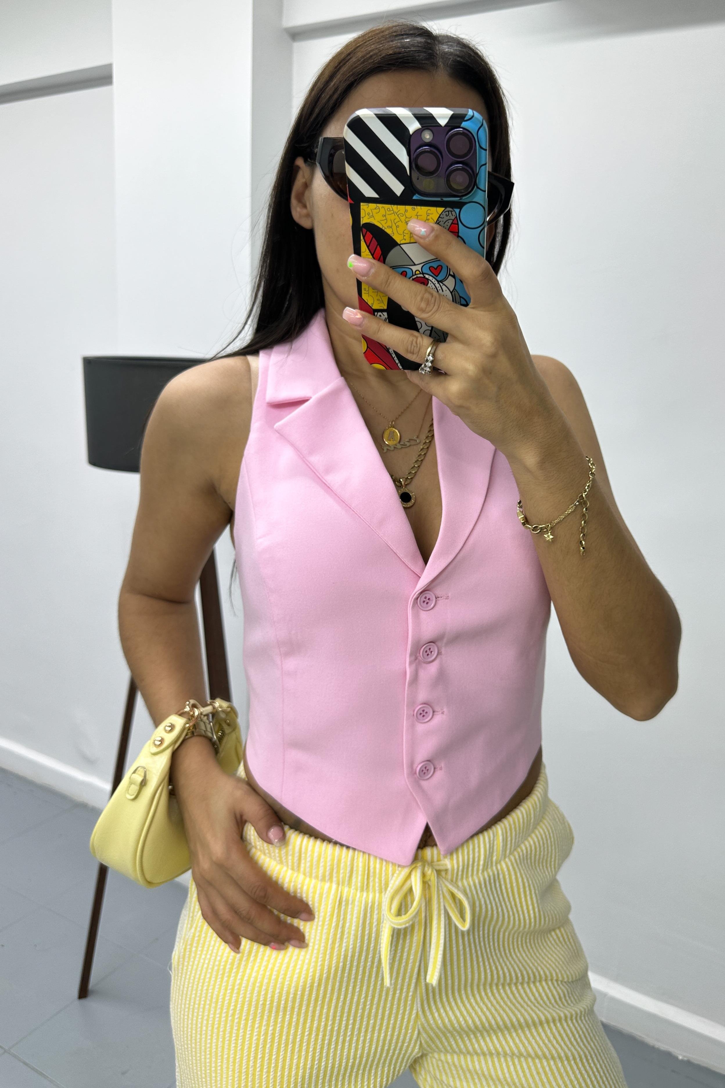 Arkası Bağlamalı Düğmeli Dokuma Pembe YelekYELEK