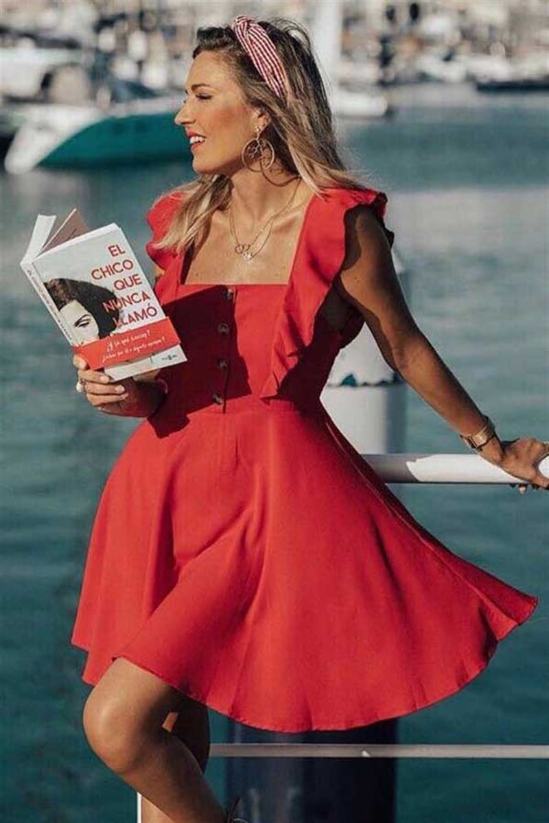 Askıları Volanlı Krımızı Elbise