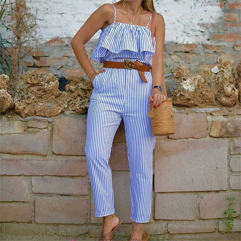 Askılı Çizgili Keten Tulum
