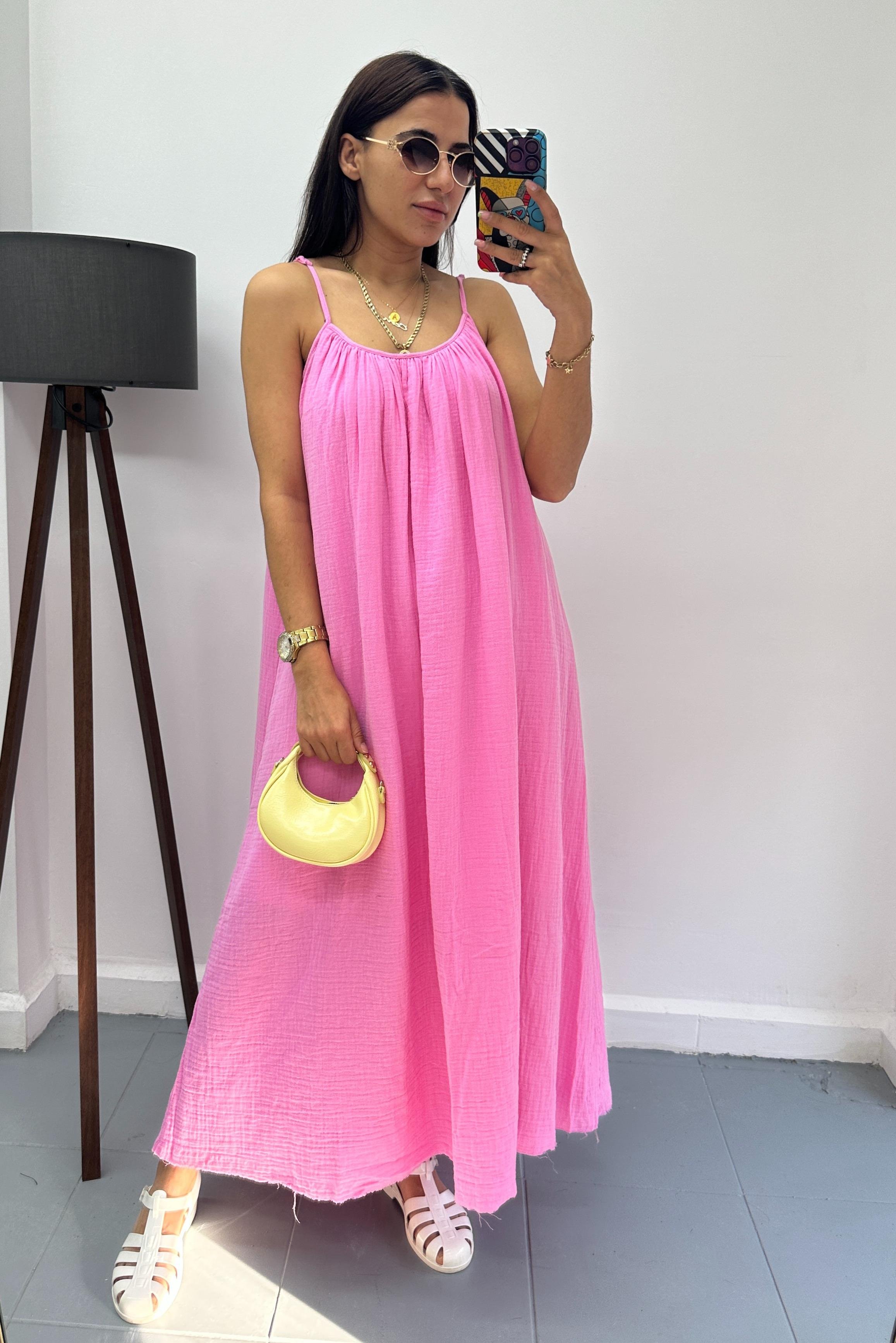 Askılı Müslin Uzun Pembe Elbise ELBİSE