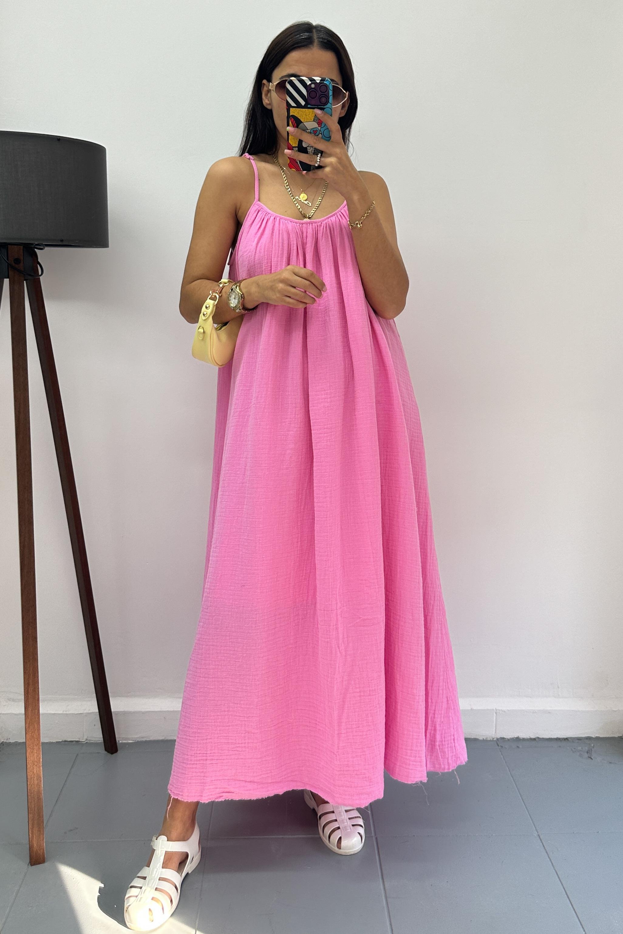 Askılı Müslin Uzun Pembe Elbise ELBİSE