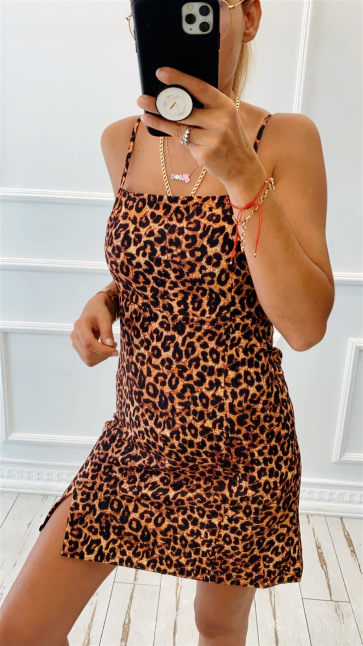 Ayarlanabilir Askılı Mini Leopar Elbise