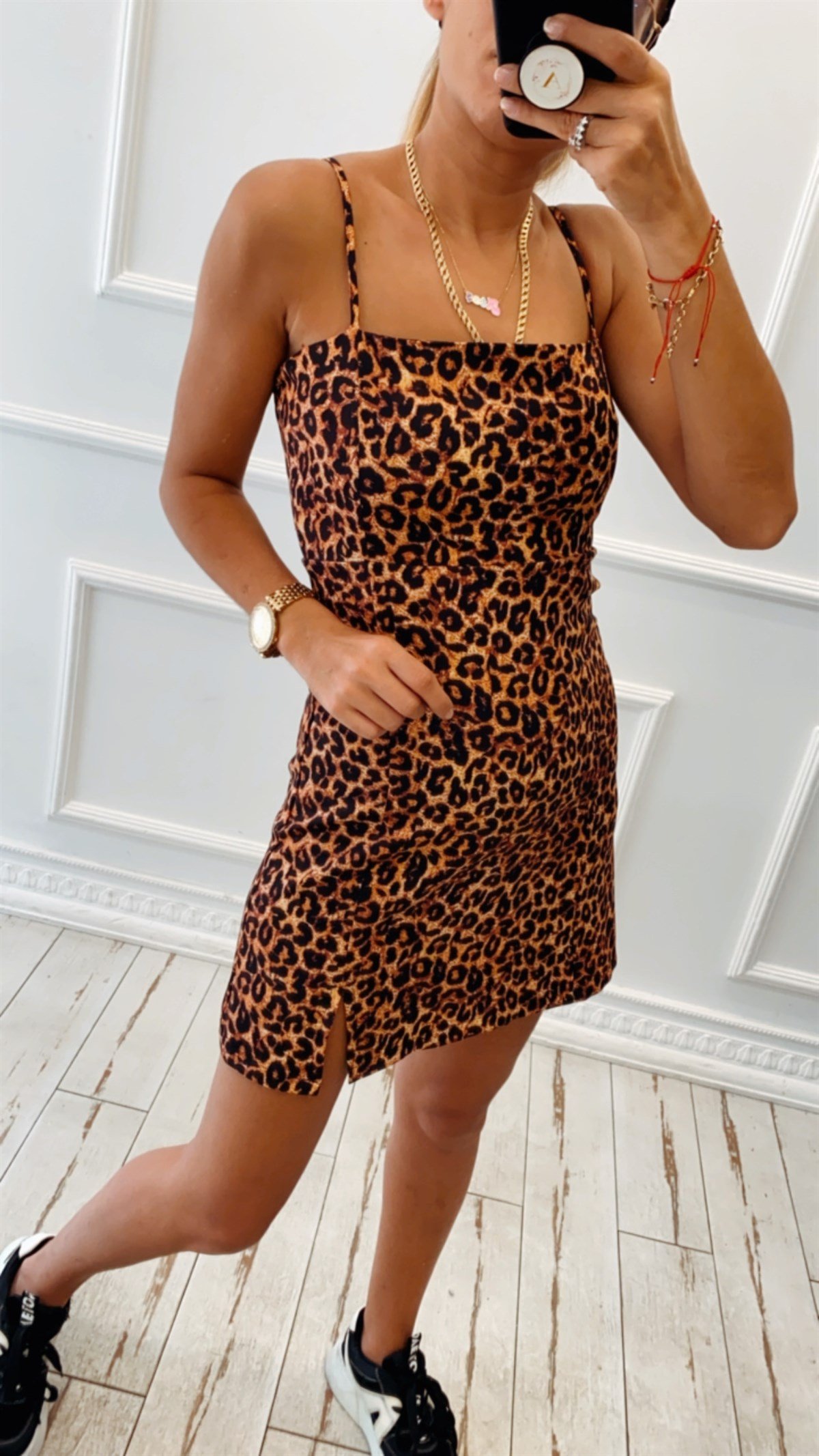 Ayarlanabilir Askılı Mini Leopar Elbise