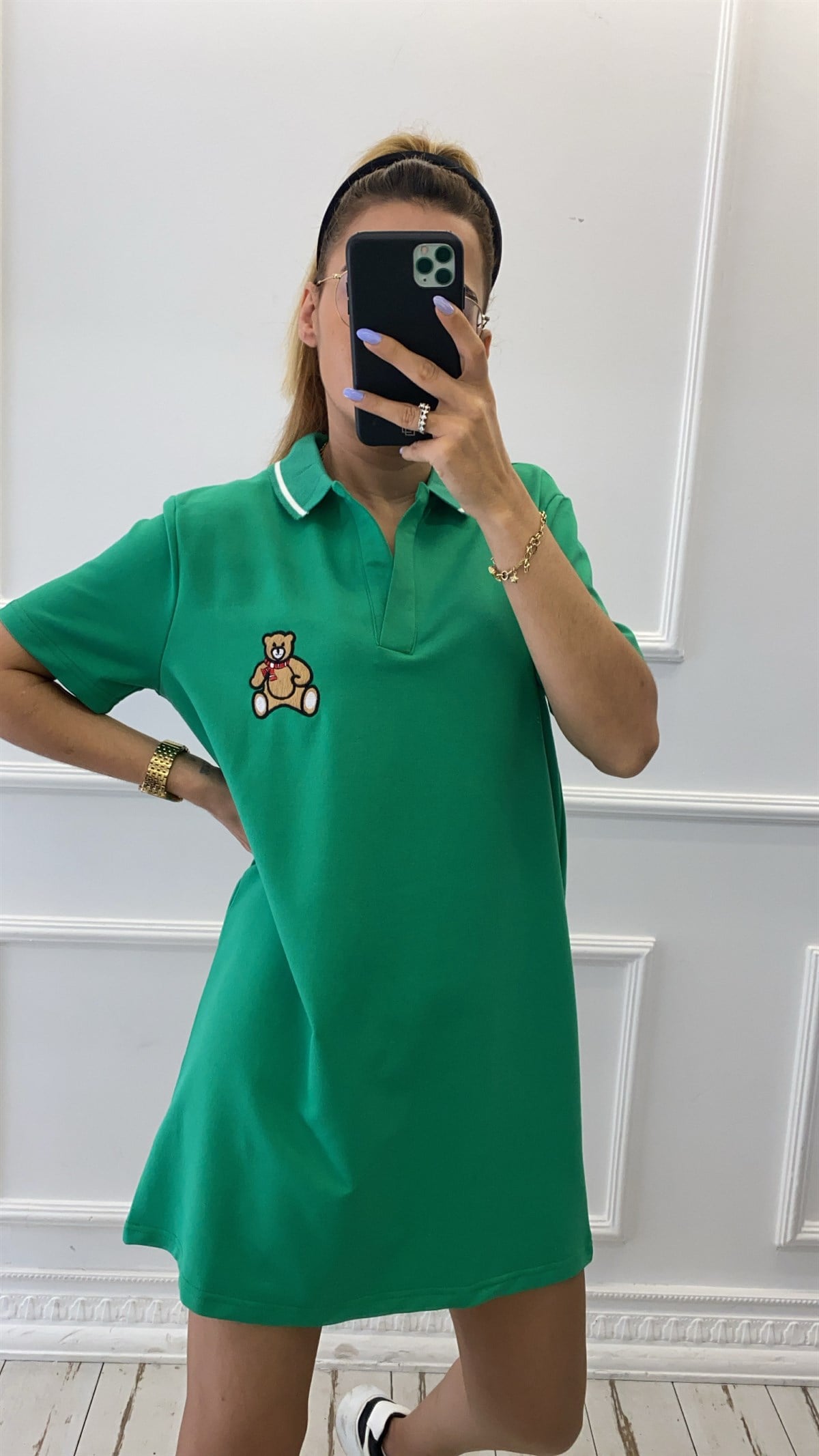 Ayıcık Detaylı Polo Yaka Penye Elbise