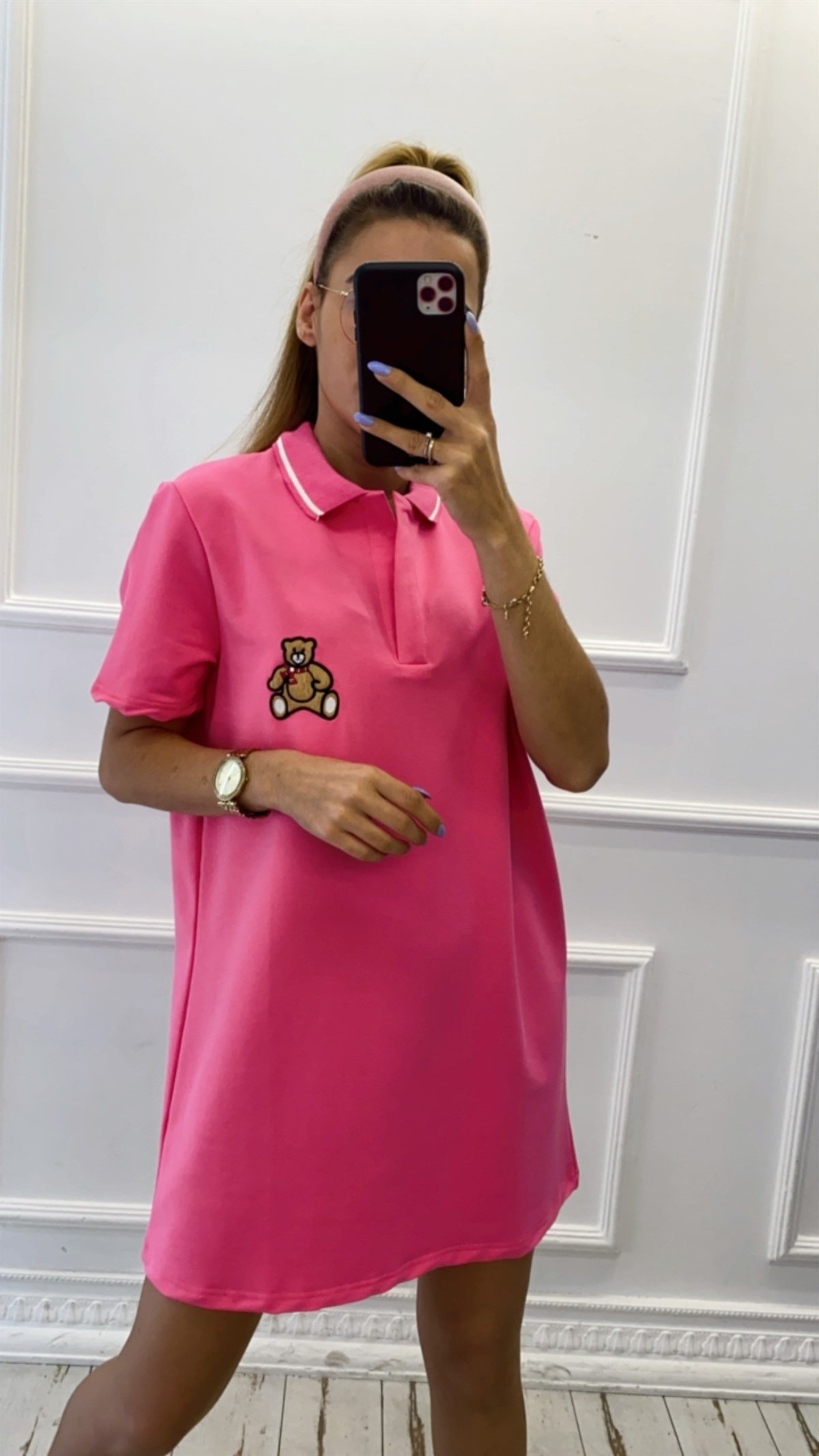 Ayıcık Detaylı Polo Yaka Penye Elbise