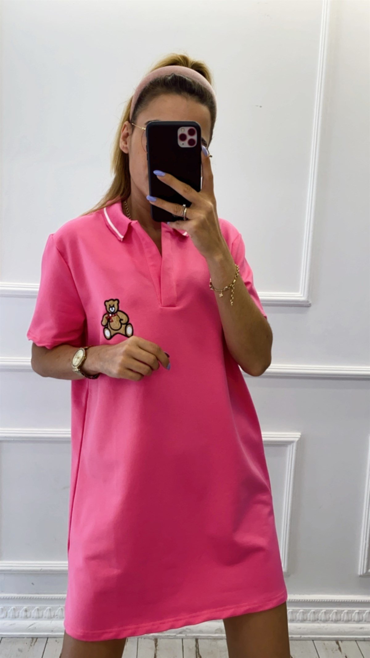 Ayıcık Detaylı Polo Yaka Penye Elbise