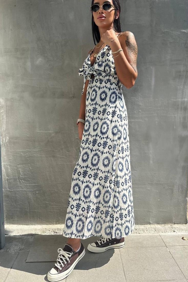 Bağlama Detaylı Desenli Midi ElbiseELBİSE