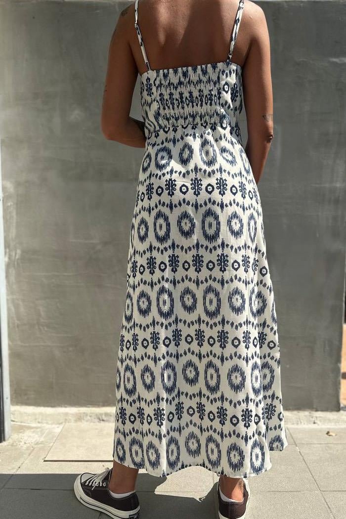 Bağlama Detaylı Desenli Midi ElbiseELBİSE