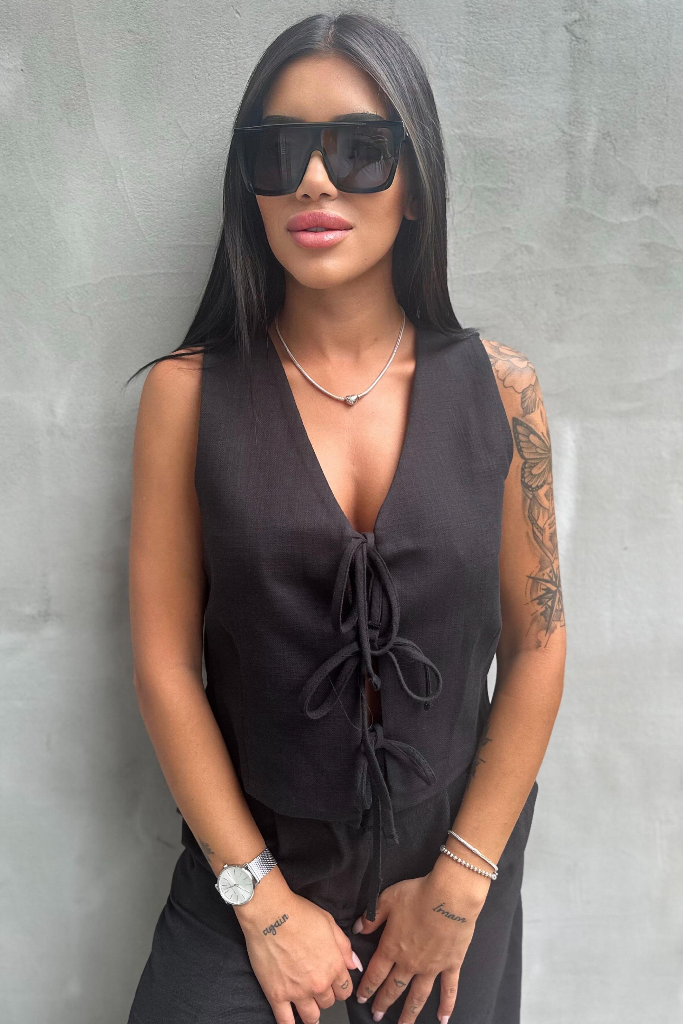 Bağlamalı Keten Siyah YelekMONT/CEKET