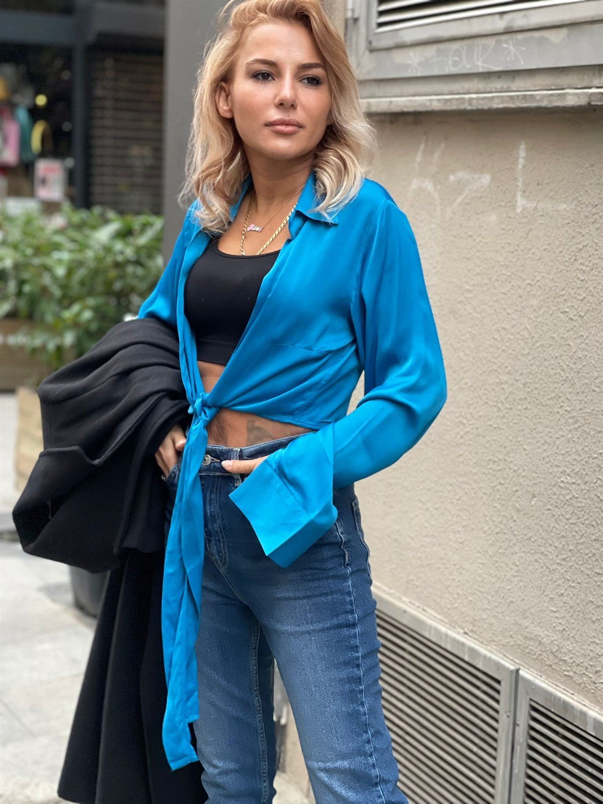 Bağlamalı Mini Saten GömlekGÖMLEK