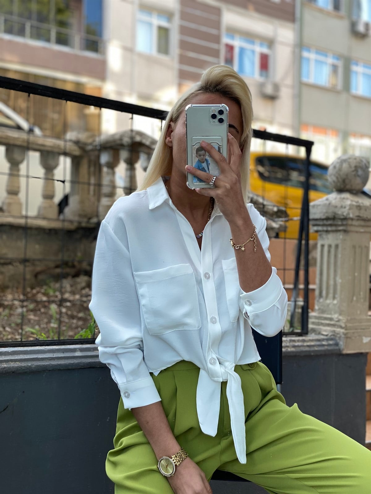 Bağlamalı Pamuk Saten Beyaz GömlekGÖMLEK