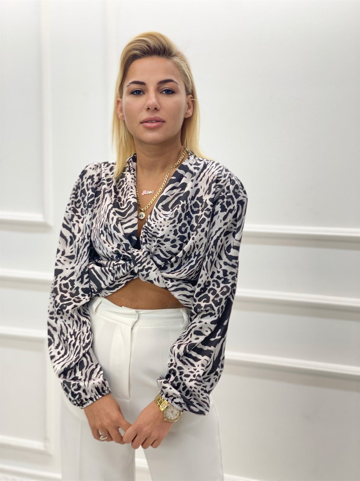 Bağlamalı Zebra Saten BluzBLUZ
