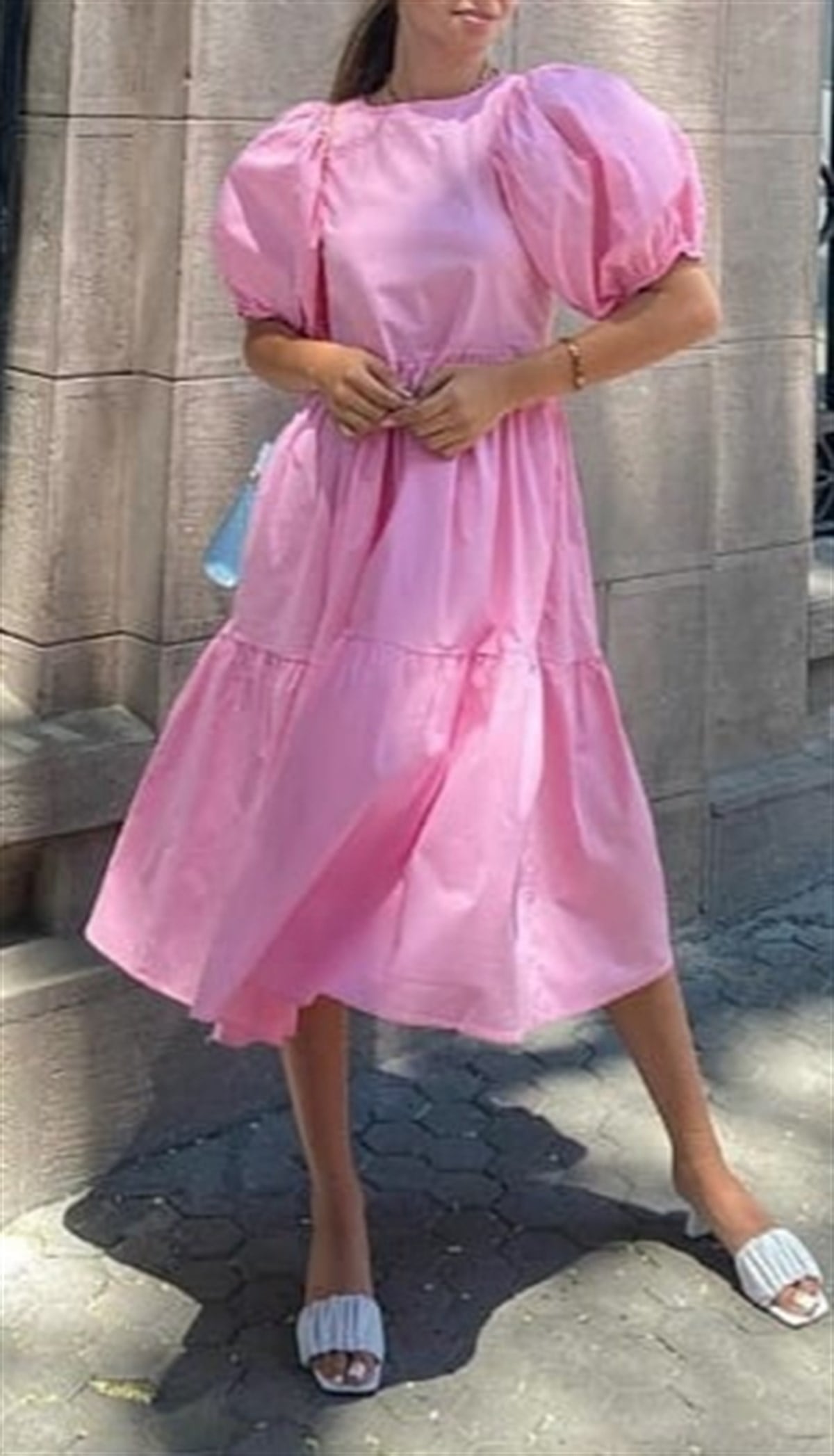 Balon Kol Pembe Midi Poplin elbise