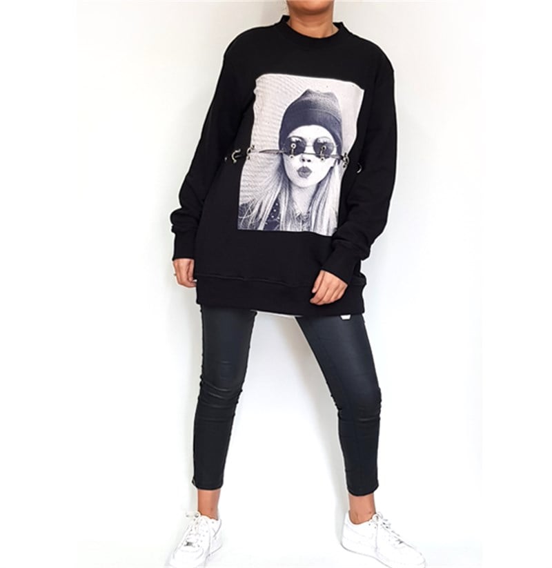 Baskılı Kesik Halka Detaylı Sweatshirt