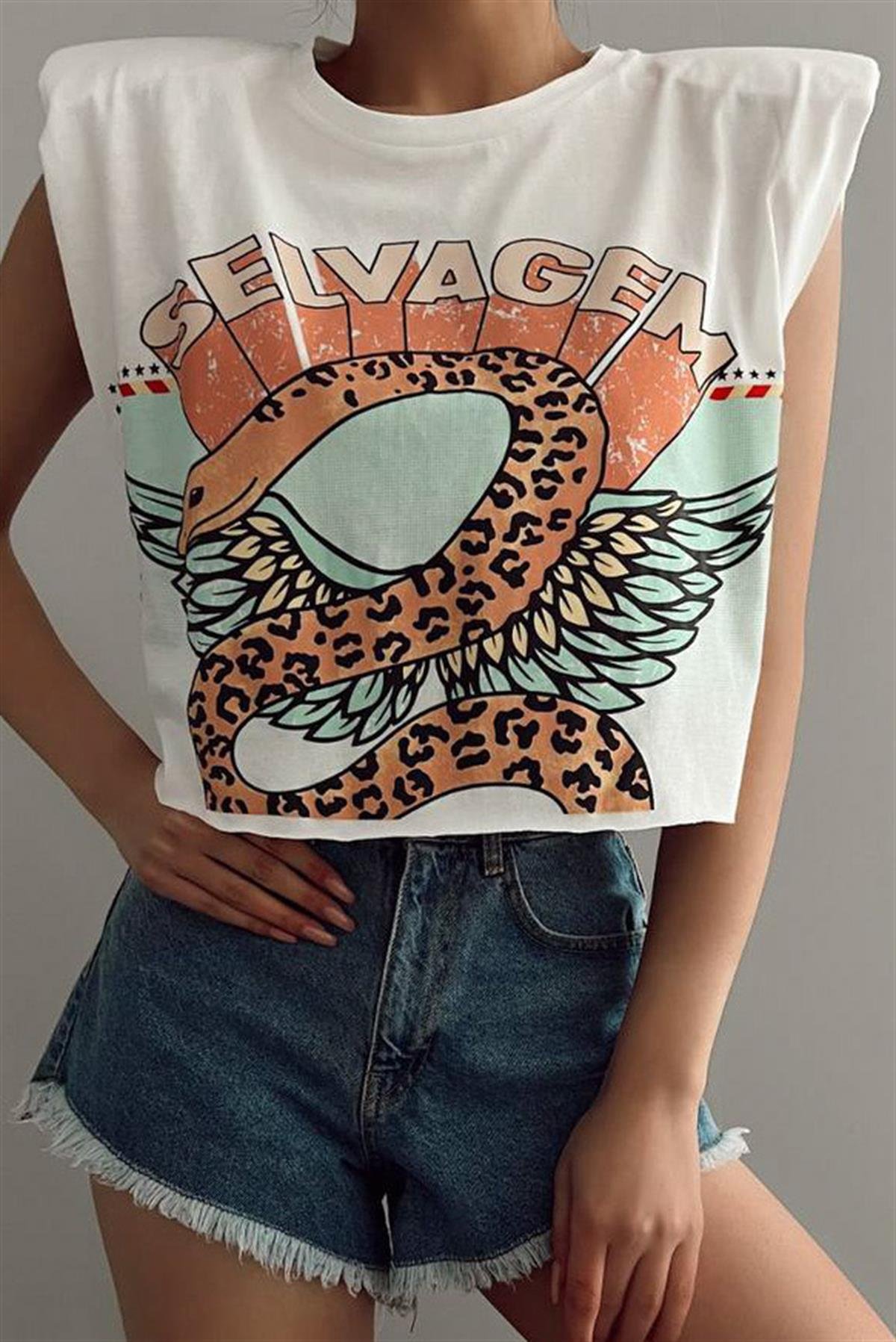 Baskılı Vatkalı Crop TshirtTSHİRT