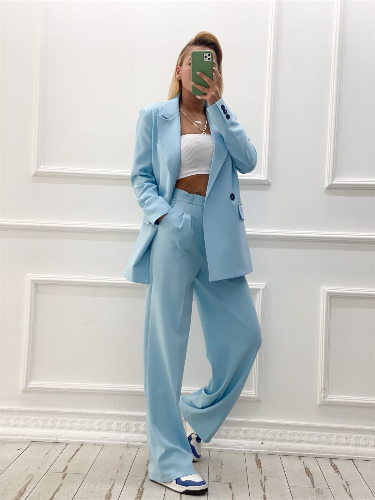Bebe Mavisi Blazer Ceket Palazzo Pantolon TakımTAKIMLAR