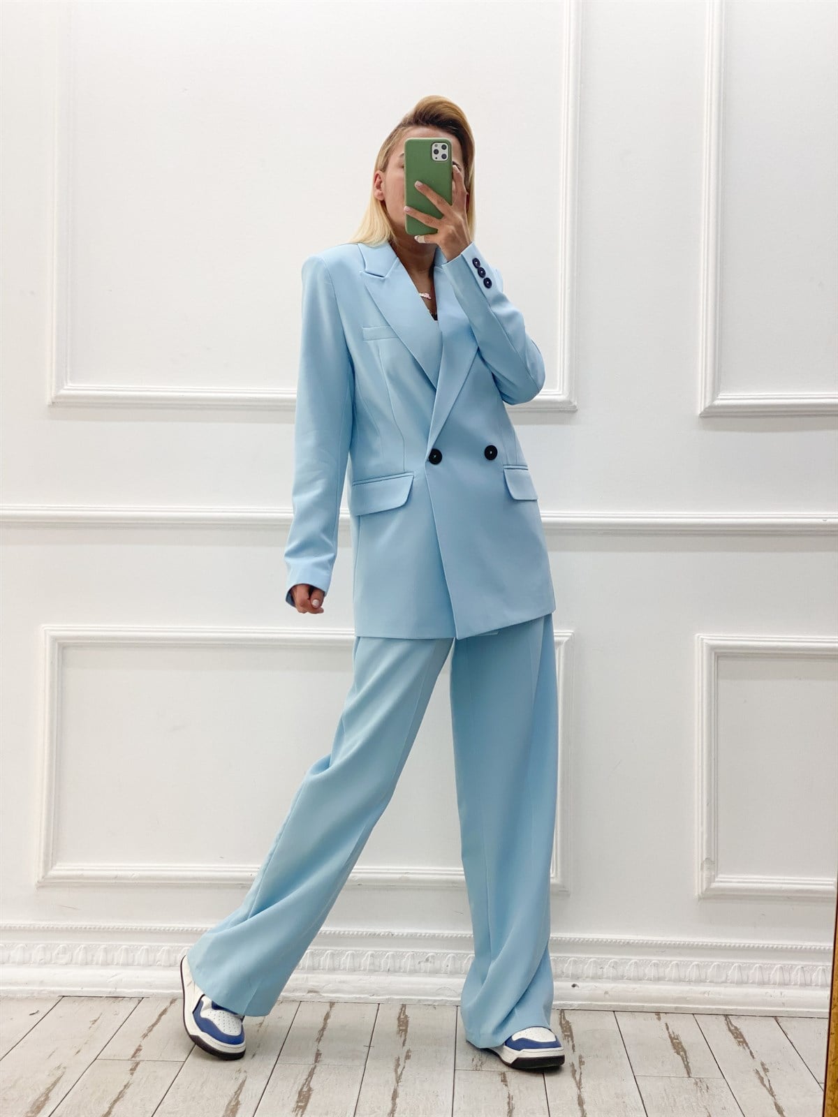 Bebe Mavisi Blazer Ceket Palazzo Pantolon TakımTAKIMLAR