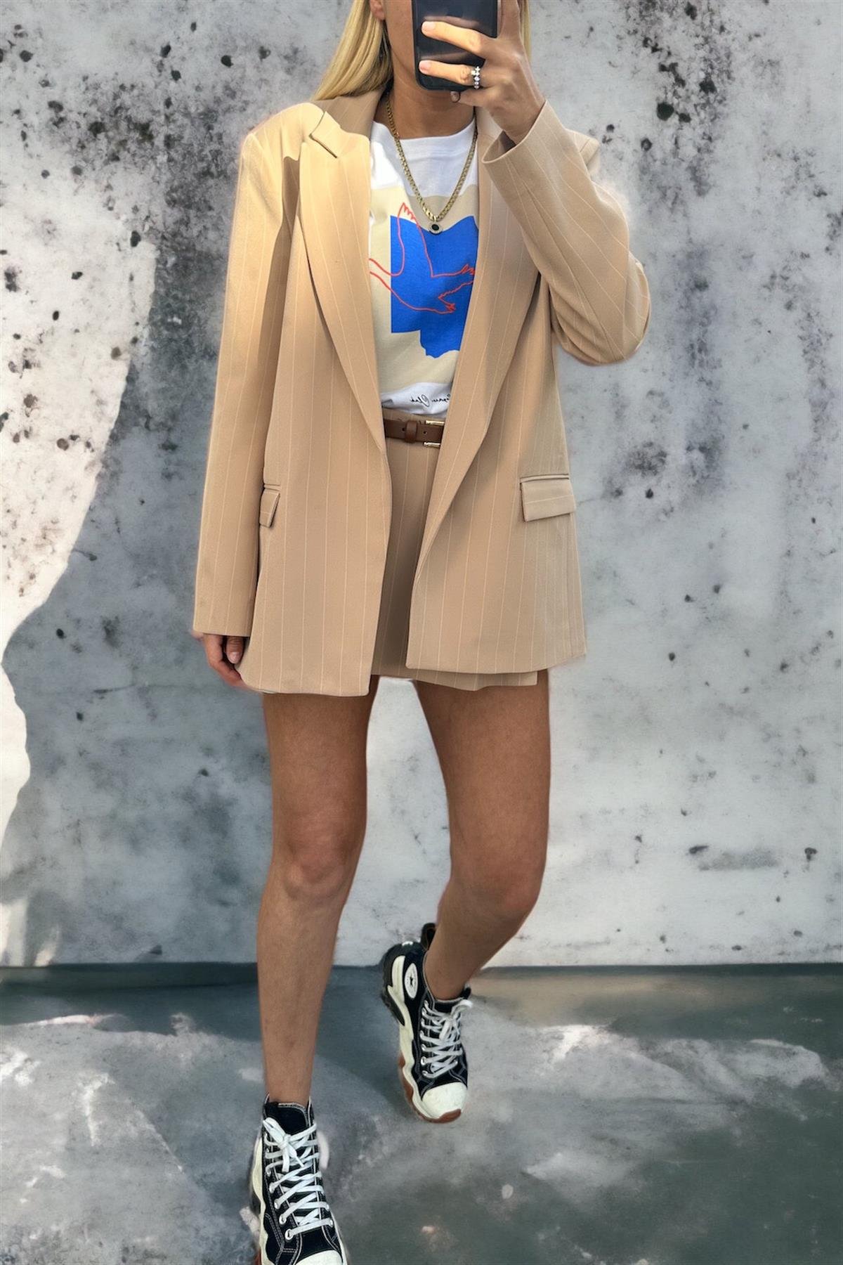 Bej Çizgili Blazer CeketMONT/CEKET