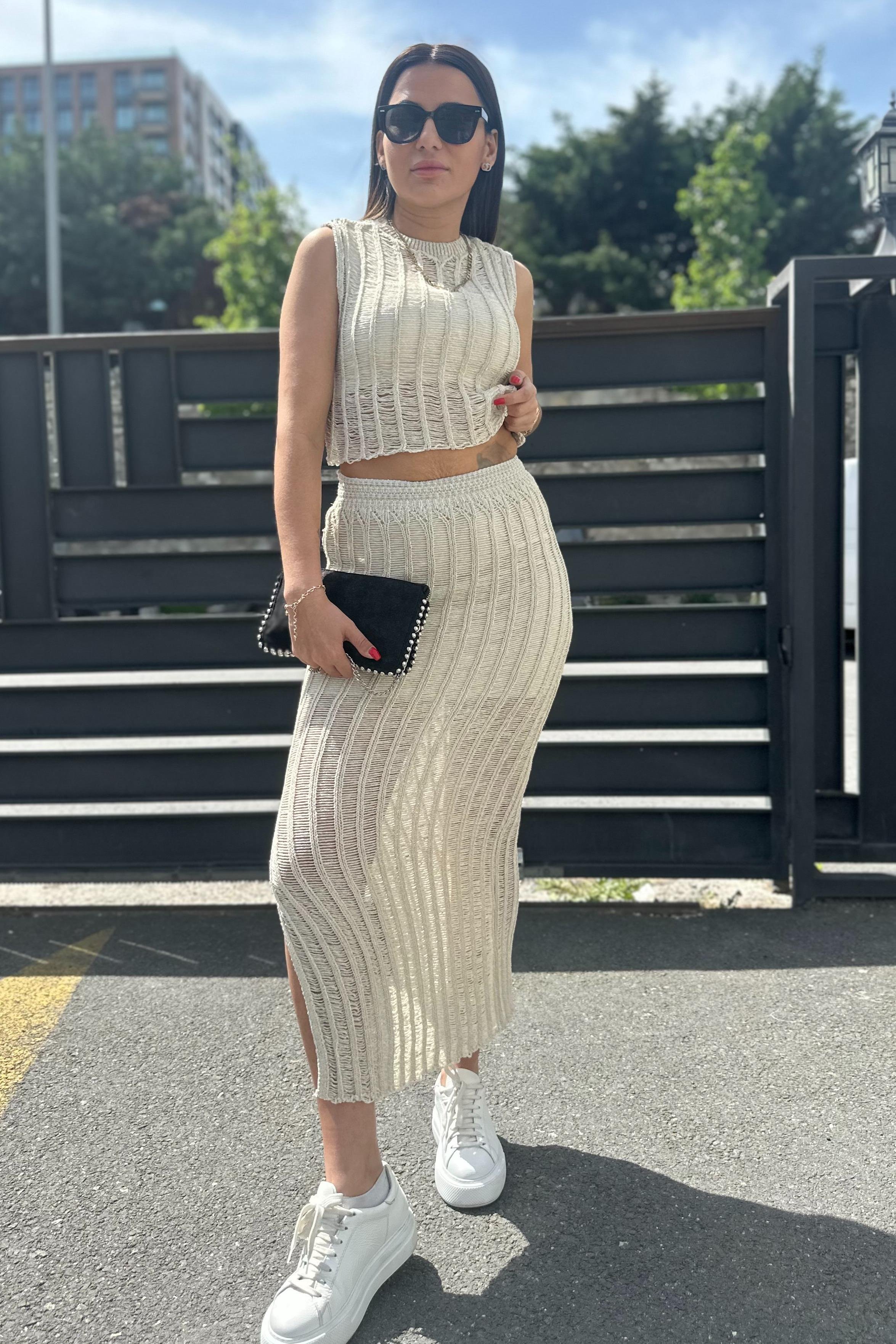Bej File Miidi Etek Crop Bluz TakımTAKIMLAR