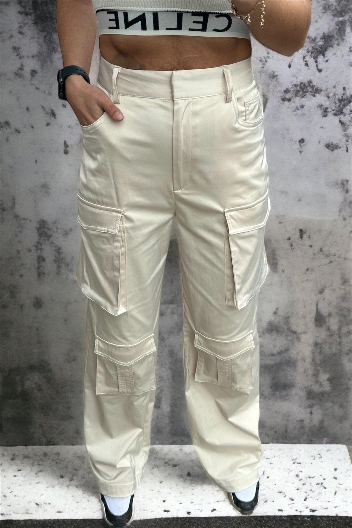 Bej Saten Kargo PantolonPANTOLON