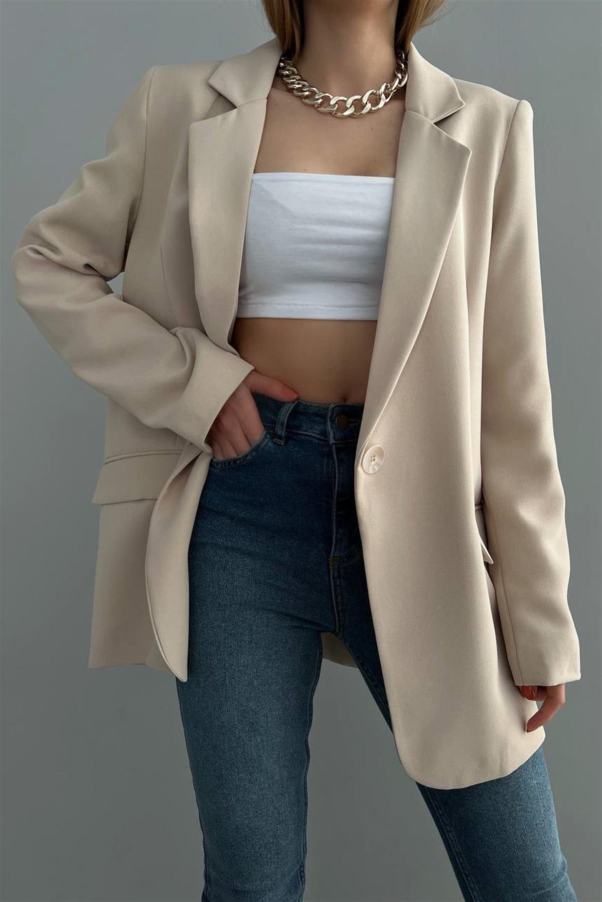 Bej Sırtı Düğmeli Oversize CeketMONT/CEKET