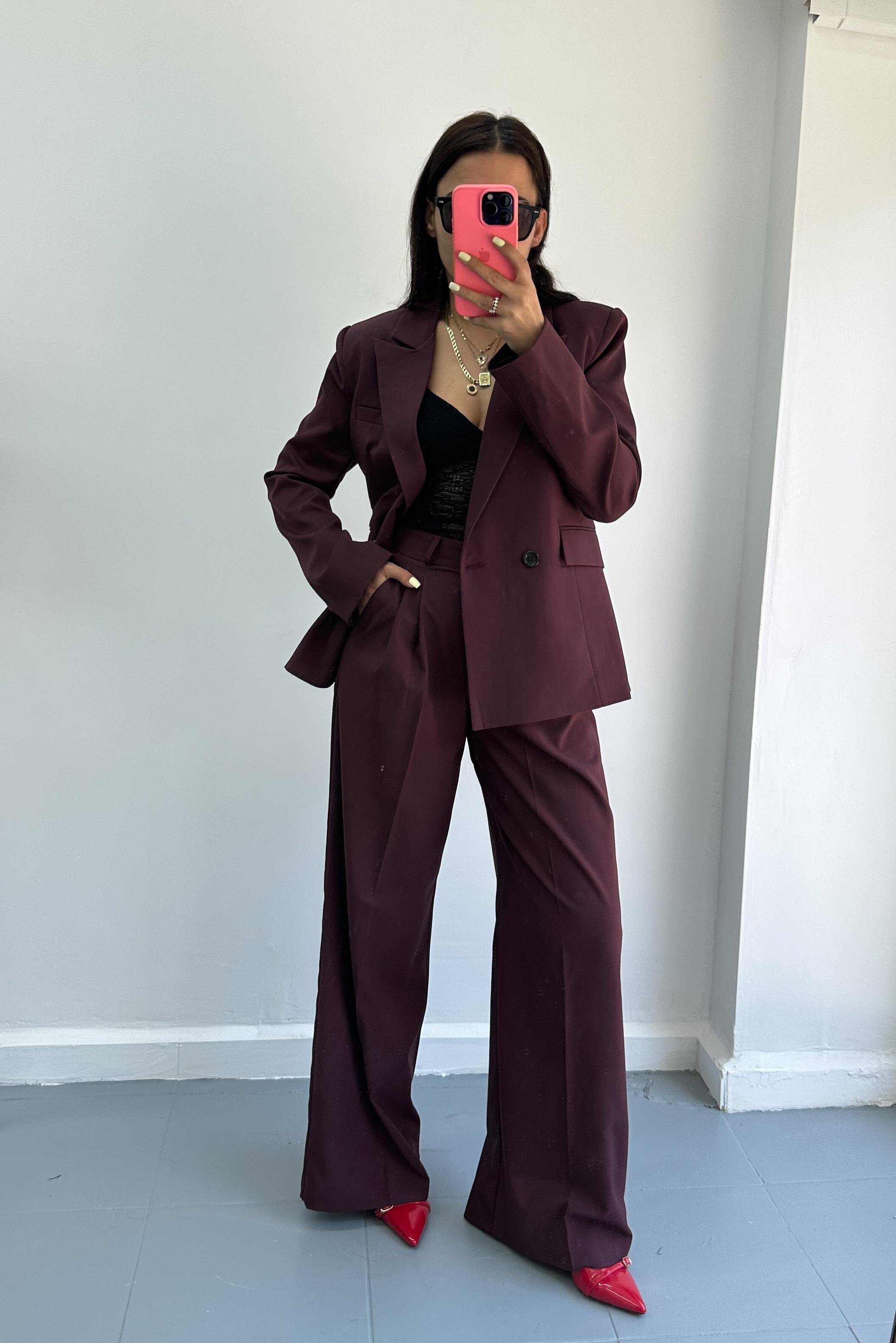 Belden Oturtmalı Bordo Blazer Pantolon TakımTAKIMLAR