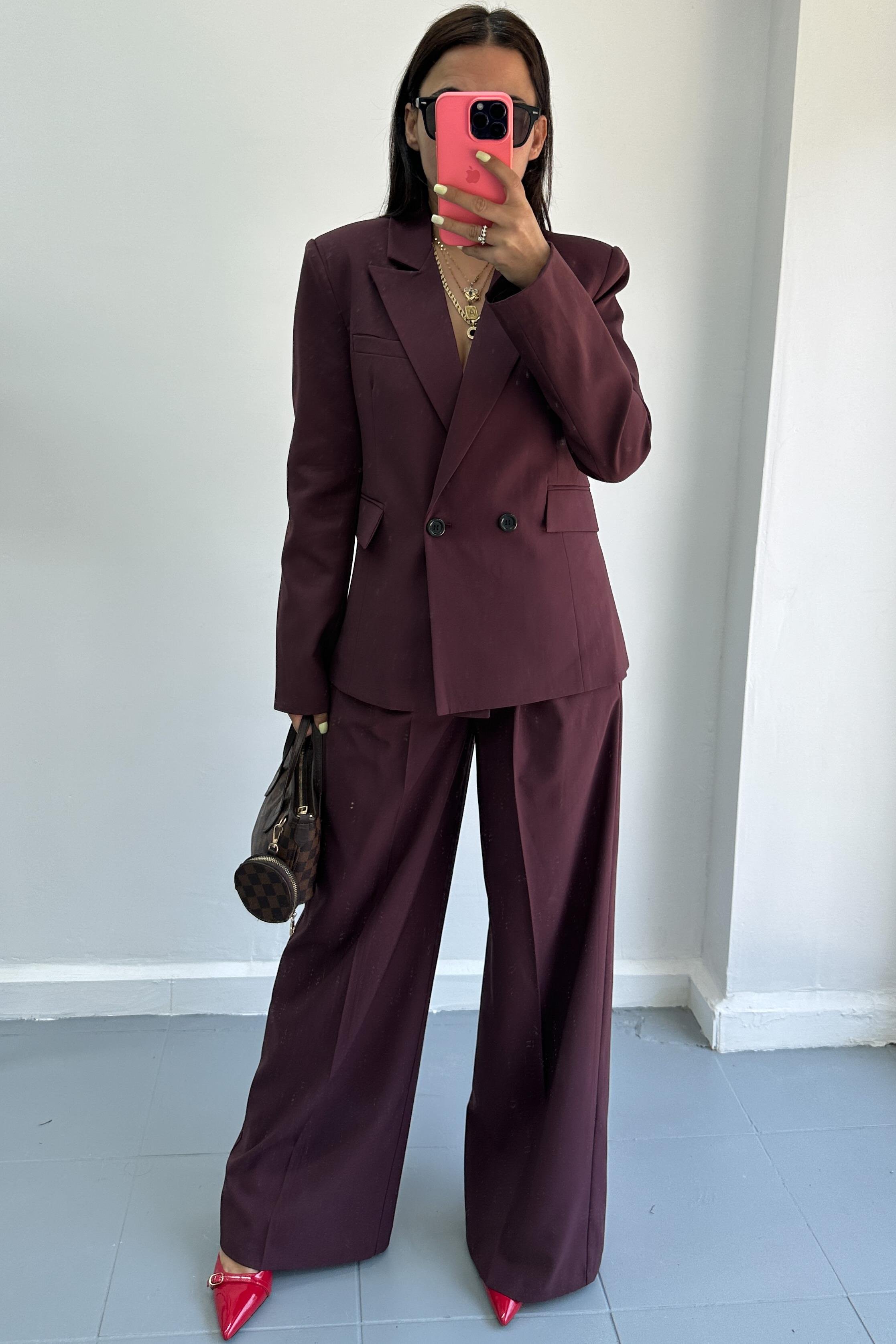 Belden Oturtmalı Bordo Blazer Pantolon TakımTAKIMLAR