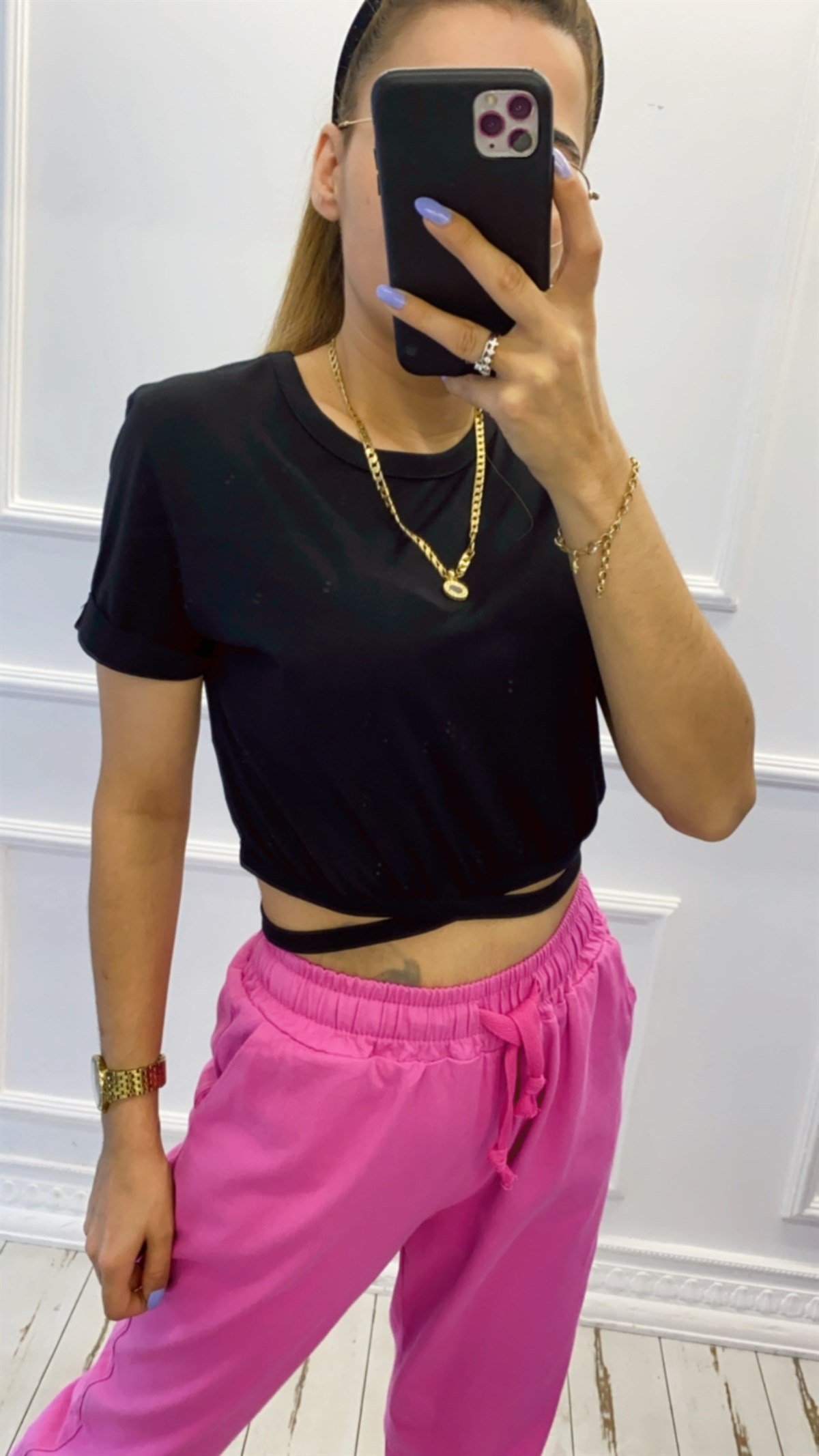 Beli Bağlamalı Basic Crop Tshirt