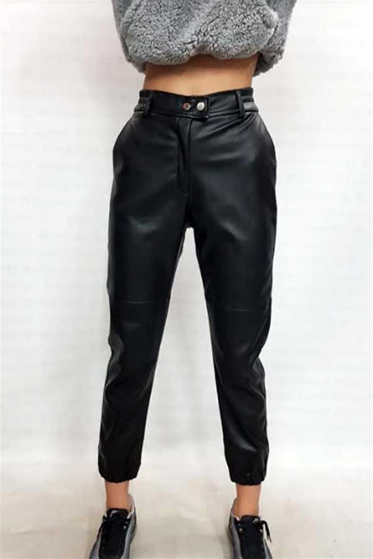 Beli Çıtçıtlı Deri Pantalon