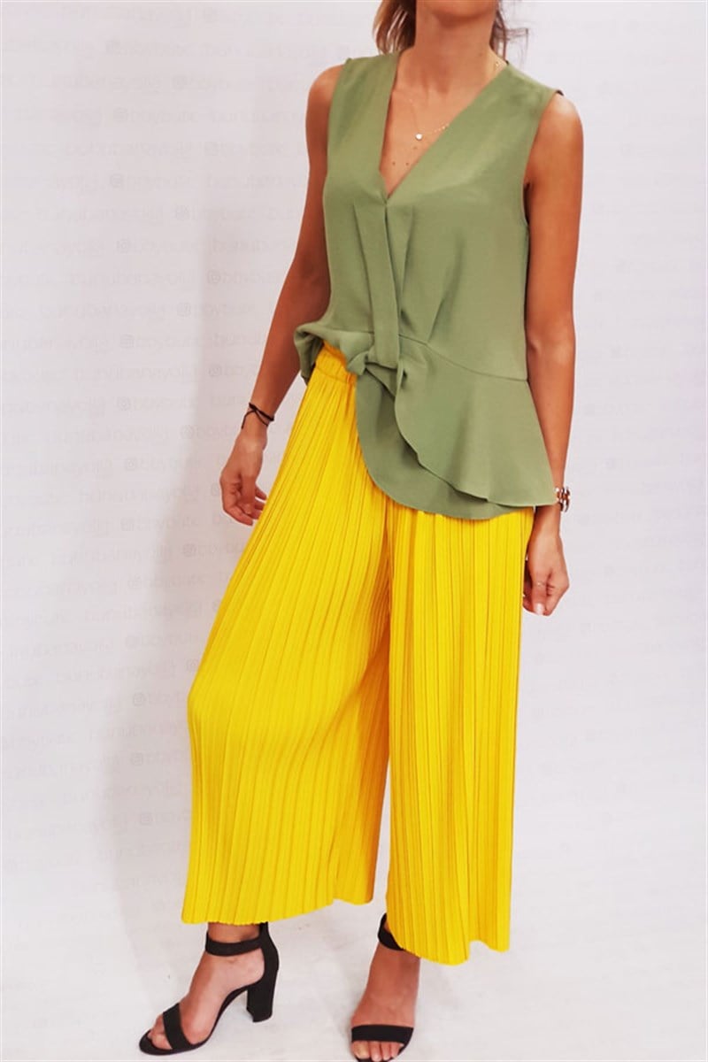 Beli Geniş Lastikli Pliseli Midi Pantalon