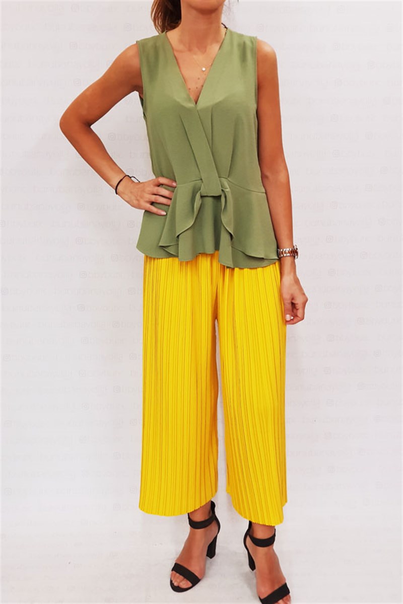 Beli Geniş Lastikli Pliseli Midi Pantalon