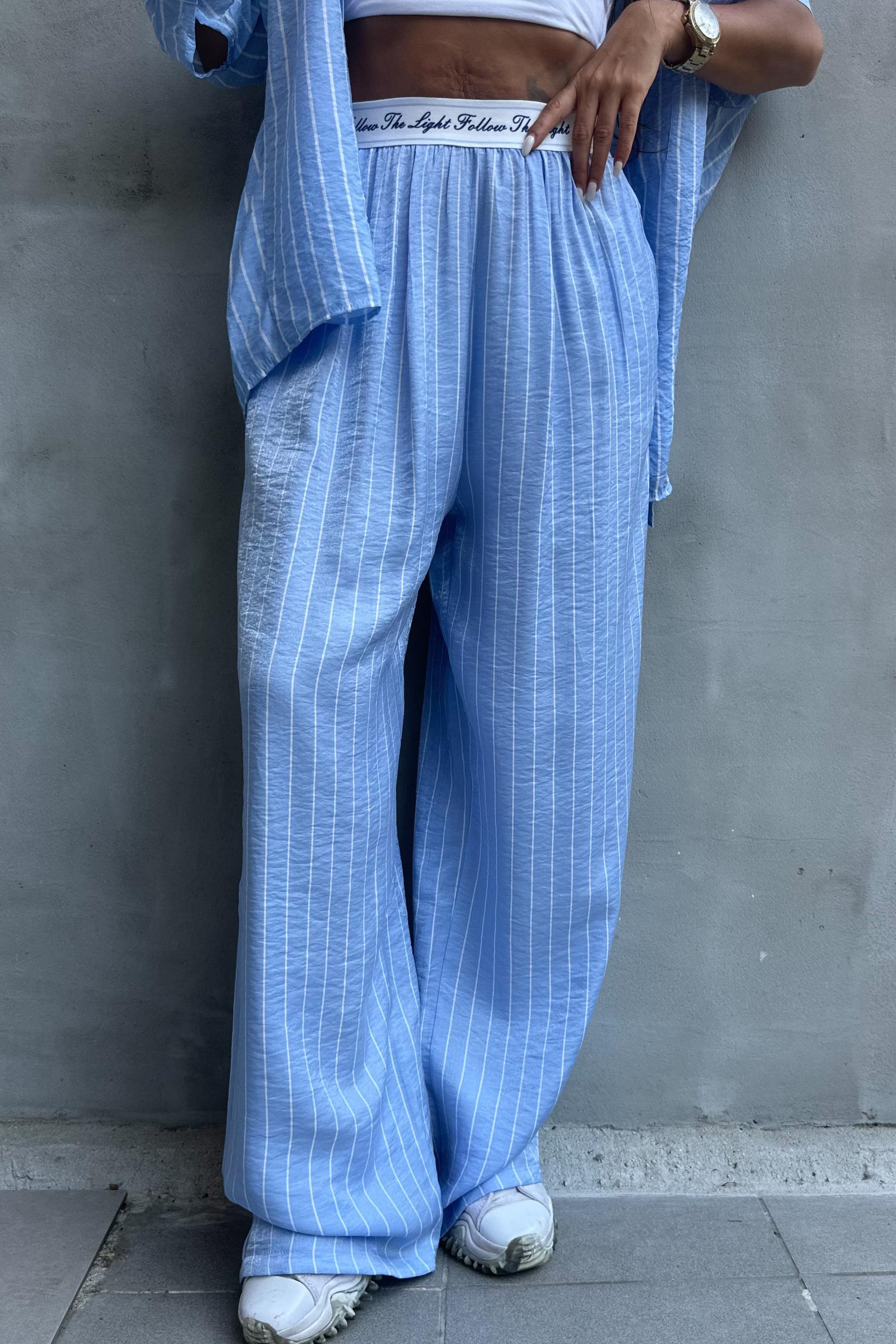 Beli Lastikli Çizgili Saten PantolonPANTOLON
