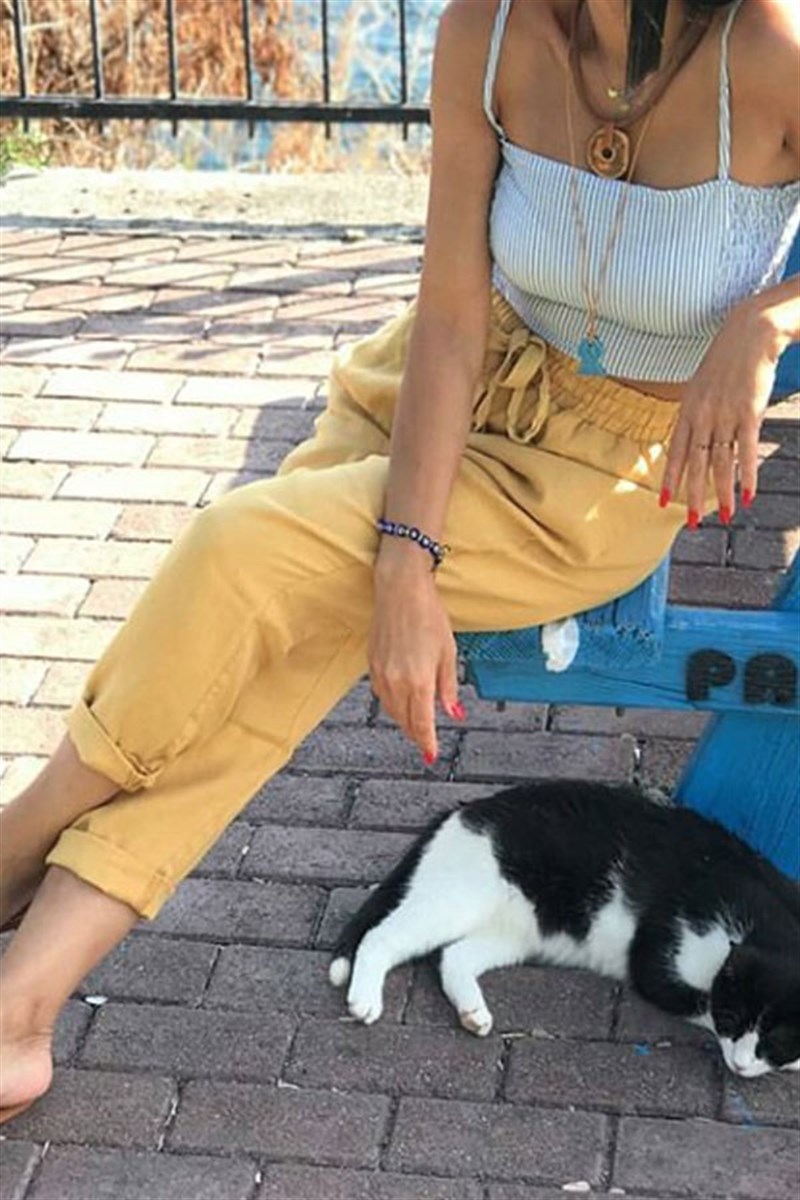 Beli Lastikli Hardal Keten Pantalon
