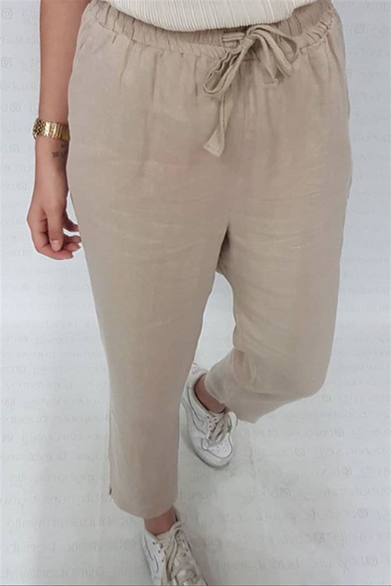 Beli Lastikli Keten Havuç Pantalon