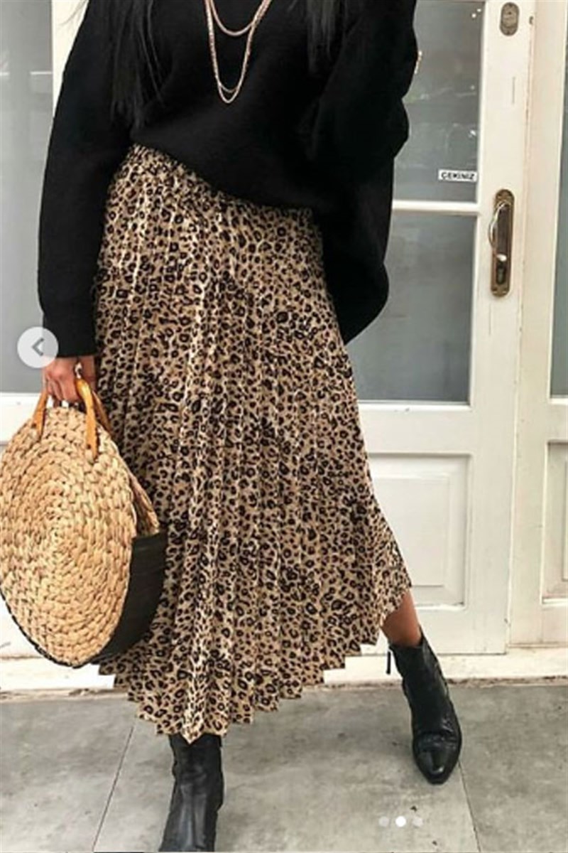 Beli Lastikli Pileli Leopar Desen Midi Etek