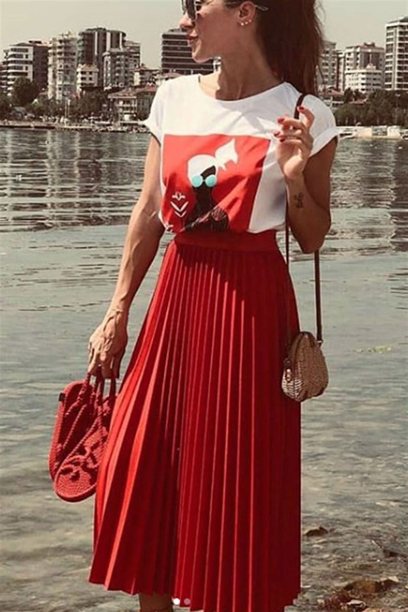 Beli Lastikli Pileli Midi Etek