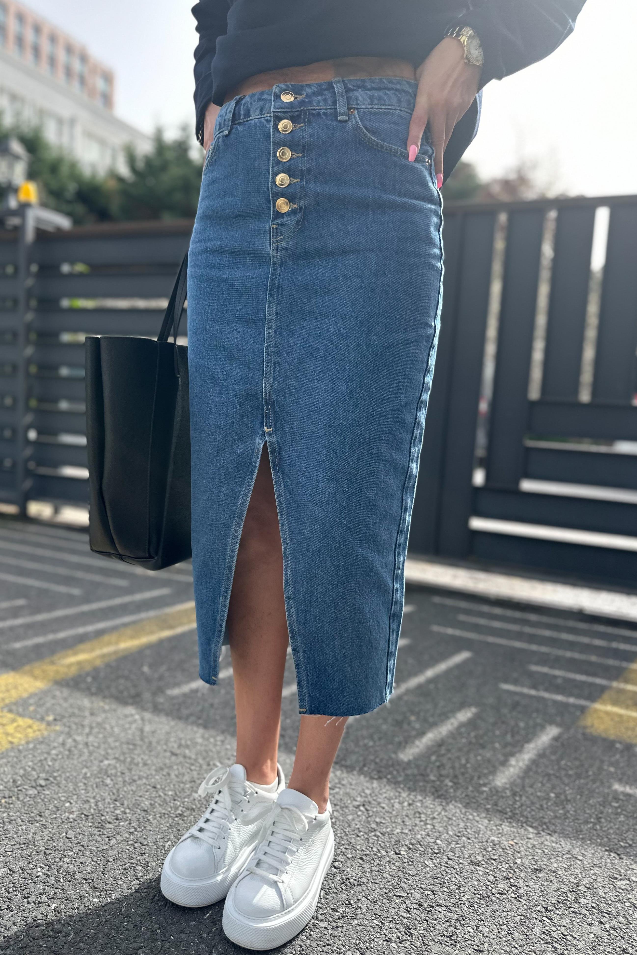 Beş Düğmeli Koyu Mavi Yırtmaçlı Kot Etek ETEK