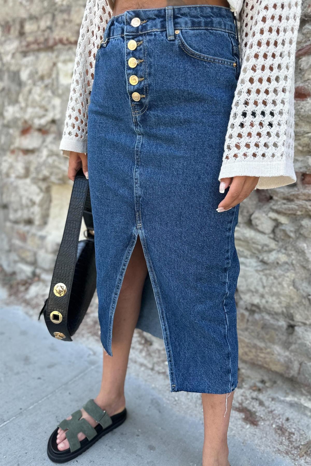 Beş Düğmeli Koyu Mavi Yırtmaçlı Kot Etek ETEK