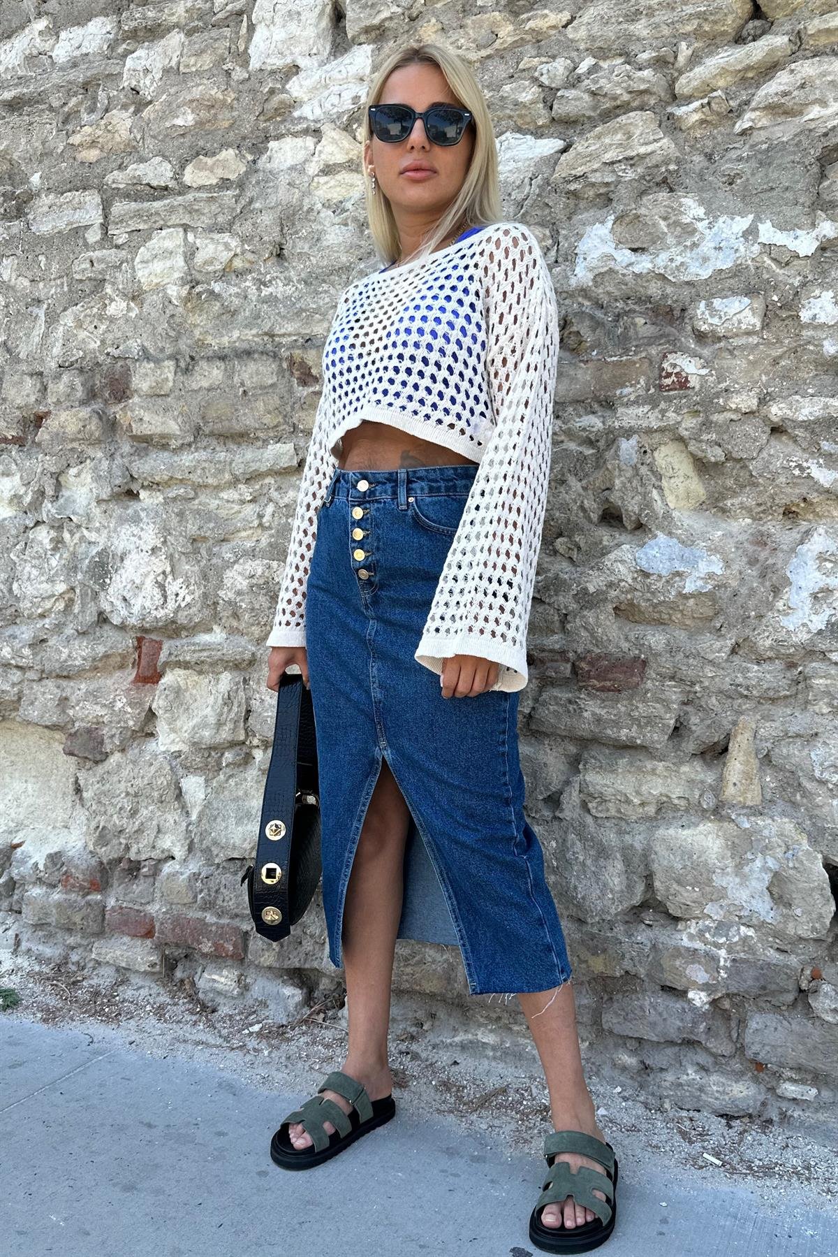 Beş Düğmeli Koyu Mavi Yırtmaçlı Kot Etek ETEK